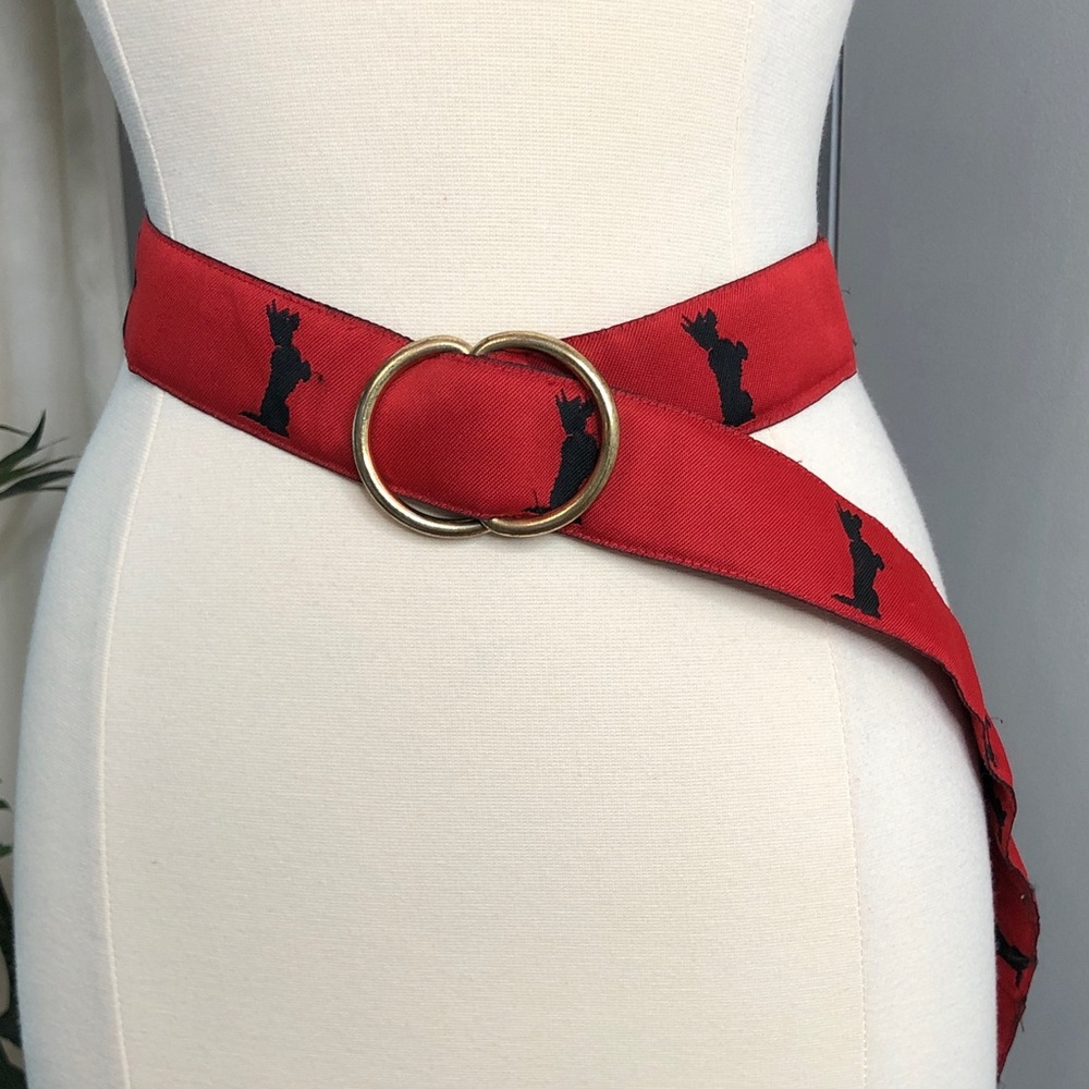 J. McLaughlin Red Belt with Black Silhouette of a Westie dog and Gold Rings